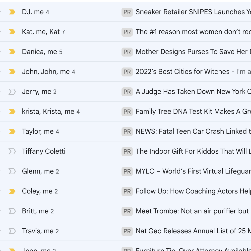 A pile of emails from publicists, one after the other.