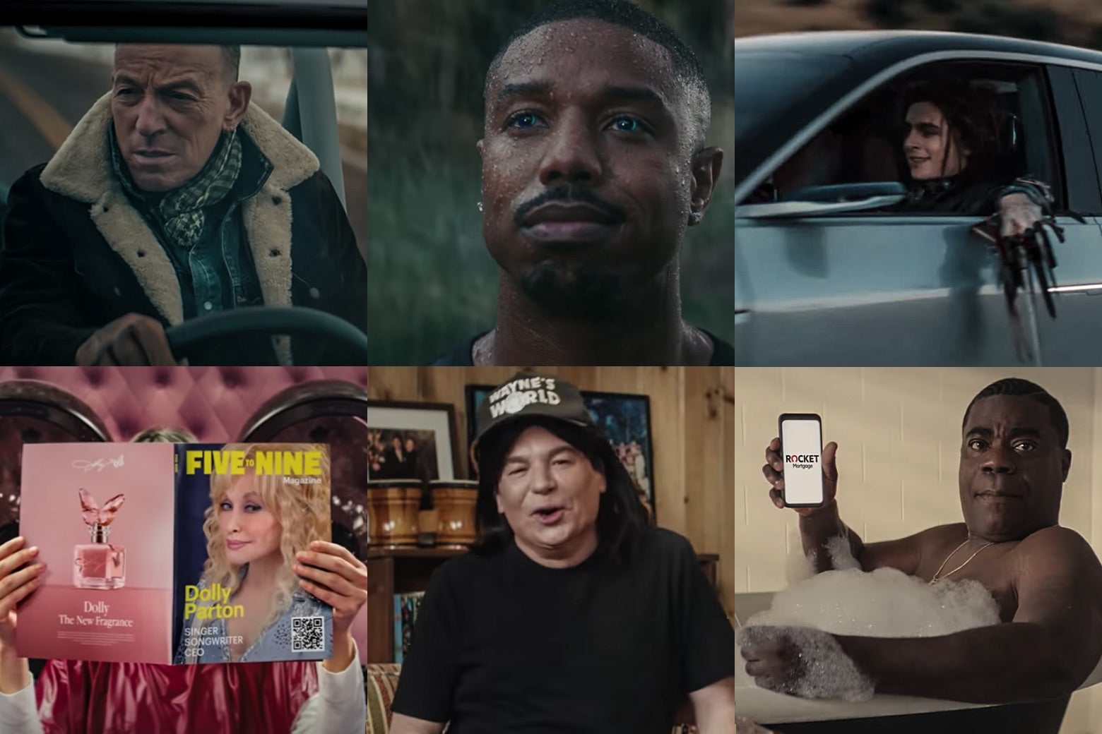 Collage of stills from ads featuring Bruce Springsteen, Michael B. Jordan, Timothée Chalamet, Tracy Morgan, Mike Myers, and Dolly Parton.