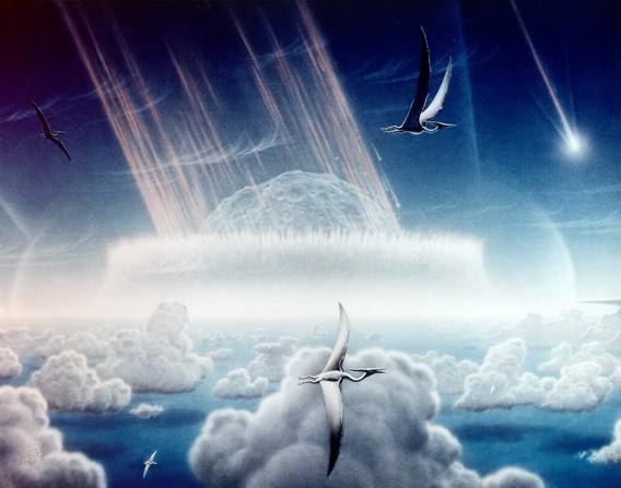 Artist Donald E. Davis depicts the Chicxulub asteroid slamming into the Yucatan Peninsula.