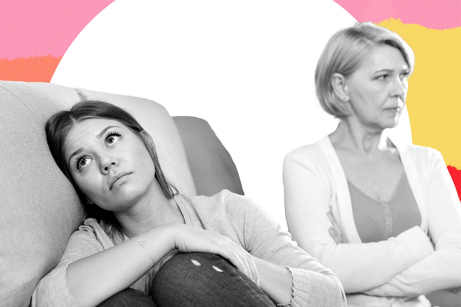 A woman on the couch looking away as her mom-in-law sits behind her.