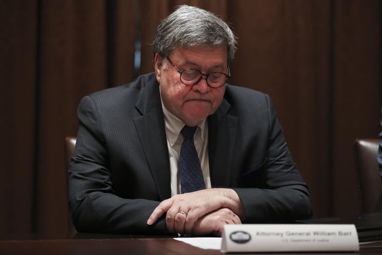 U.S. Attorney General William Barr listens during a discussion with state attorneys general on Protecting Consumers from Social Media Abuses in the Cabinet Room of the White House on September 23, 2020 in Washington, D.C. 