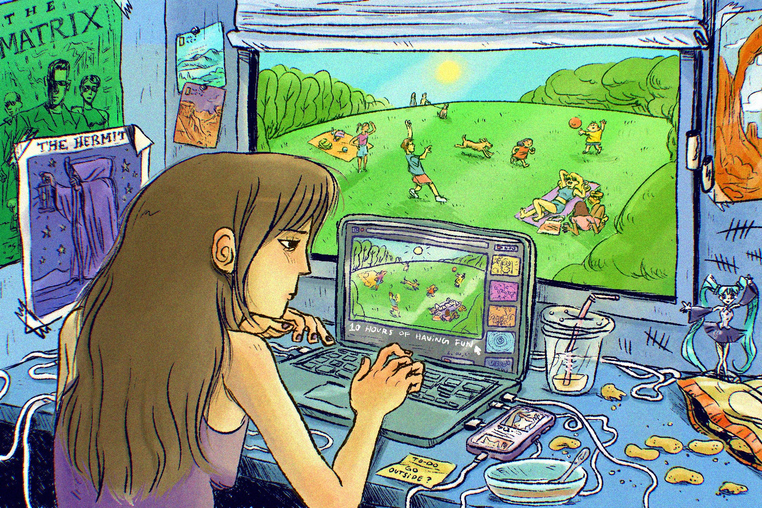 An image of a girl inside on her computer, multiple screens, looking at images of the world outside.