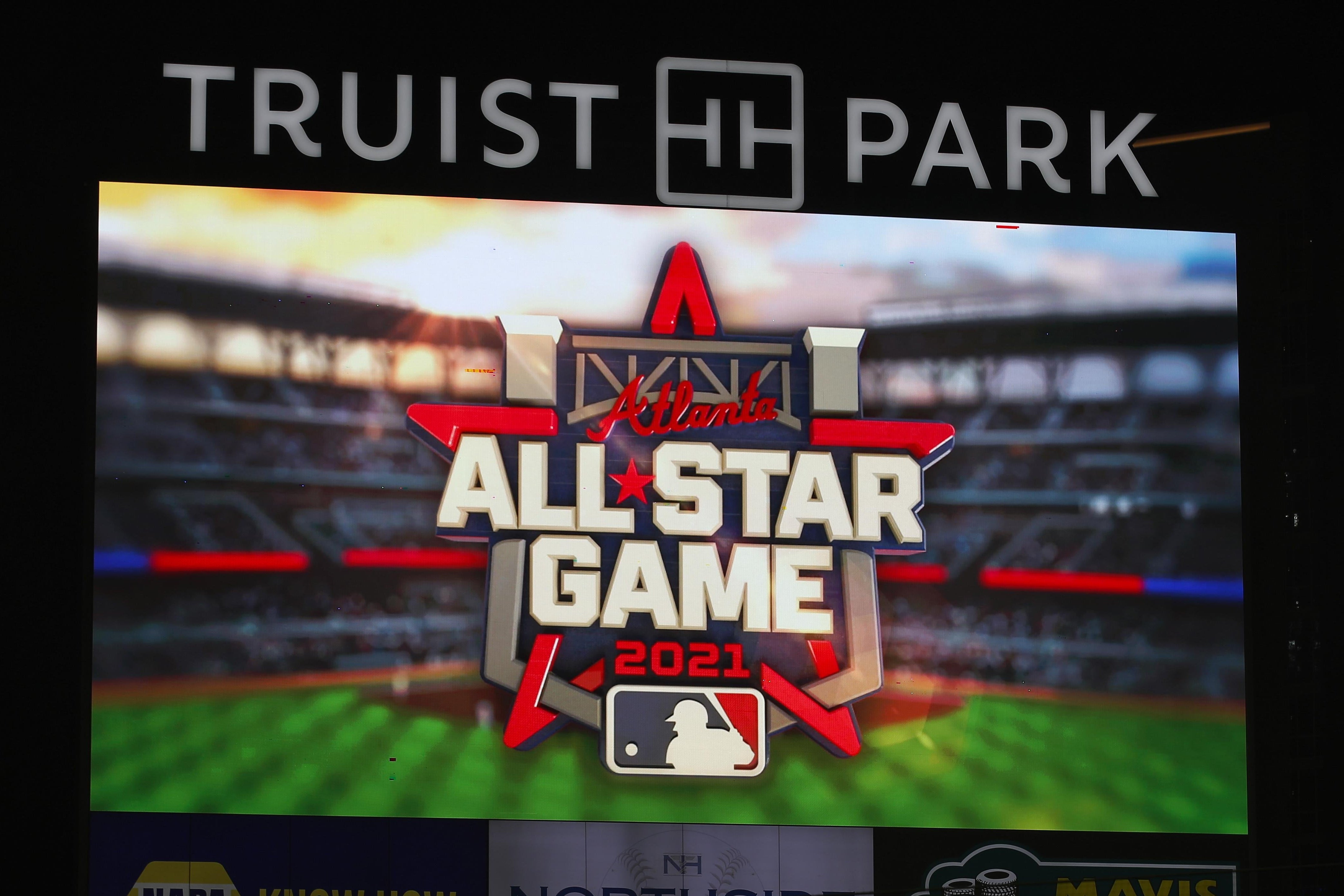 The 2021 All Star Game Logo is displayed on a jumbotron in Atlanta's Truist Park