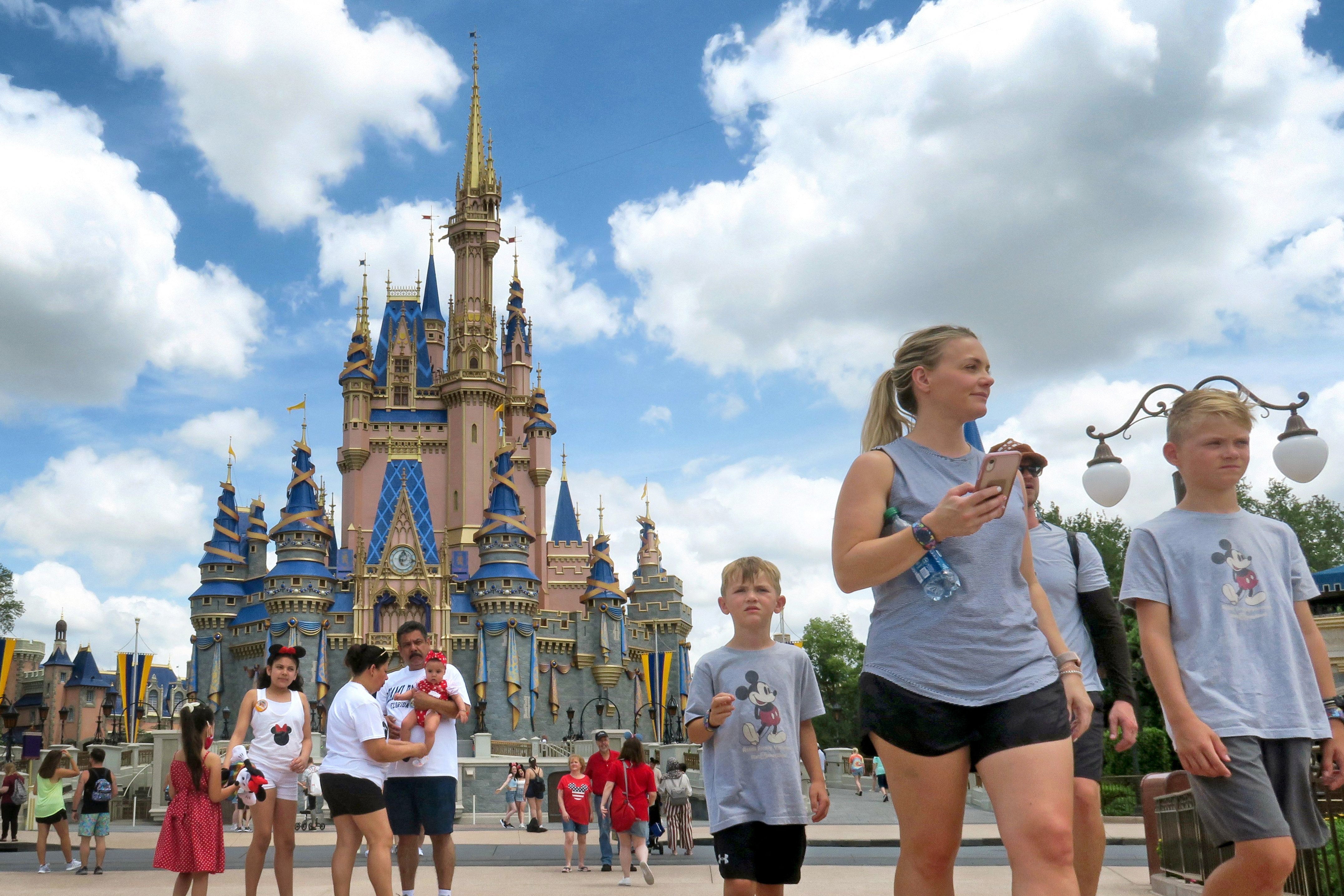 people walking in front of Cinderella's castle
