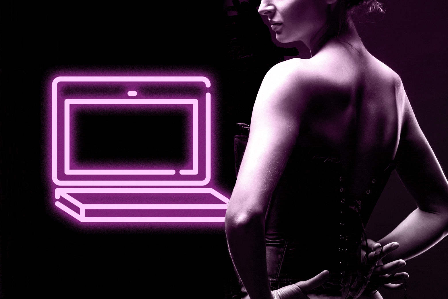 GIF of a scantily dressed woman standing in front of a neon computer.