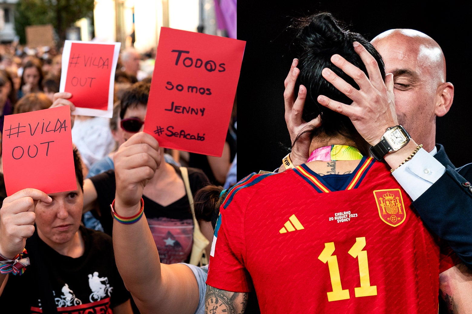 Left: Protesters hold signs reading "#VildaOut" and "Todos somos Jenny." Right: Rubiales forcibly kisses Jenni Hermoso.