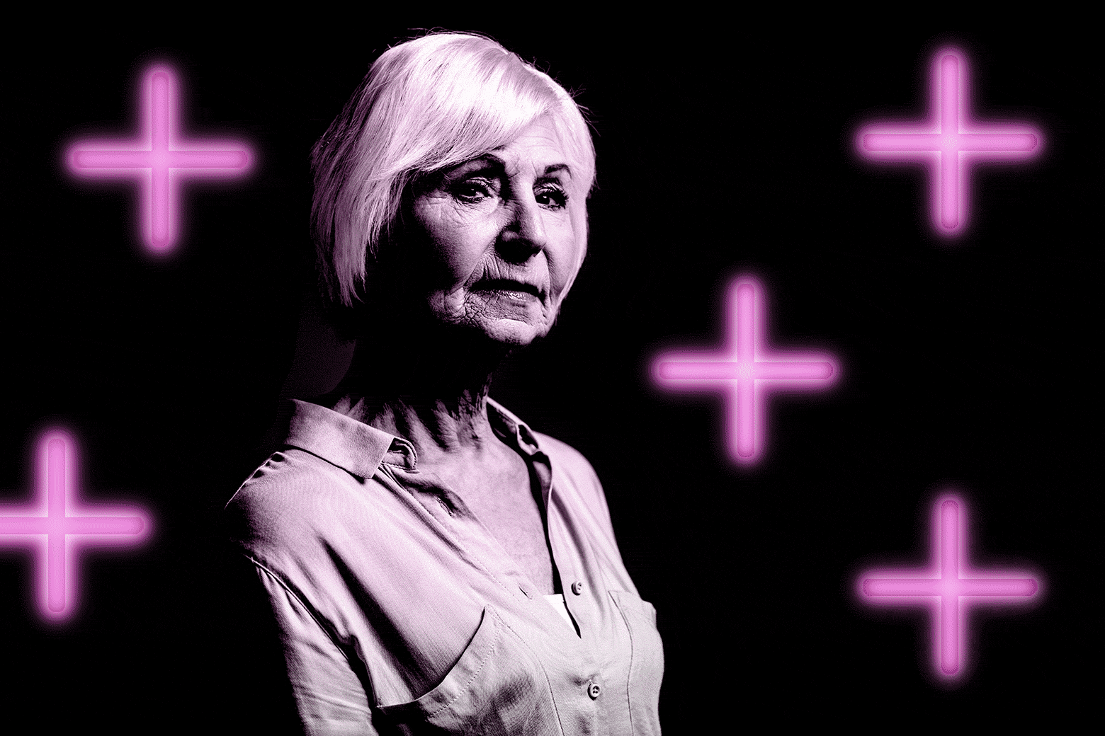 Senior woman surrounded by neon plus signs.