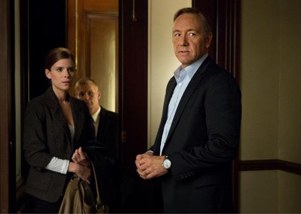 Kate Mara as Zoe Barnes, left, and Kevin Spacey as Frank Underwood in House of Cards.