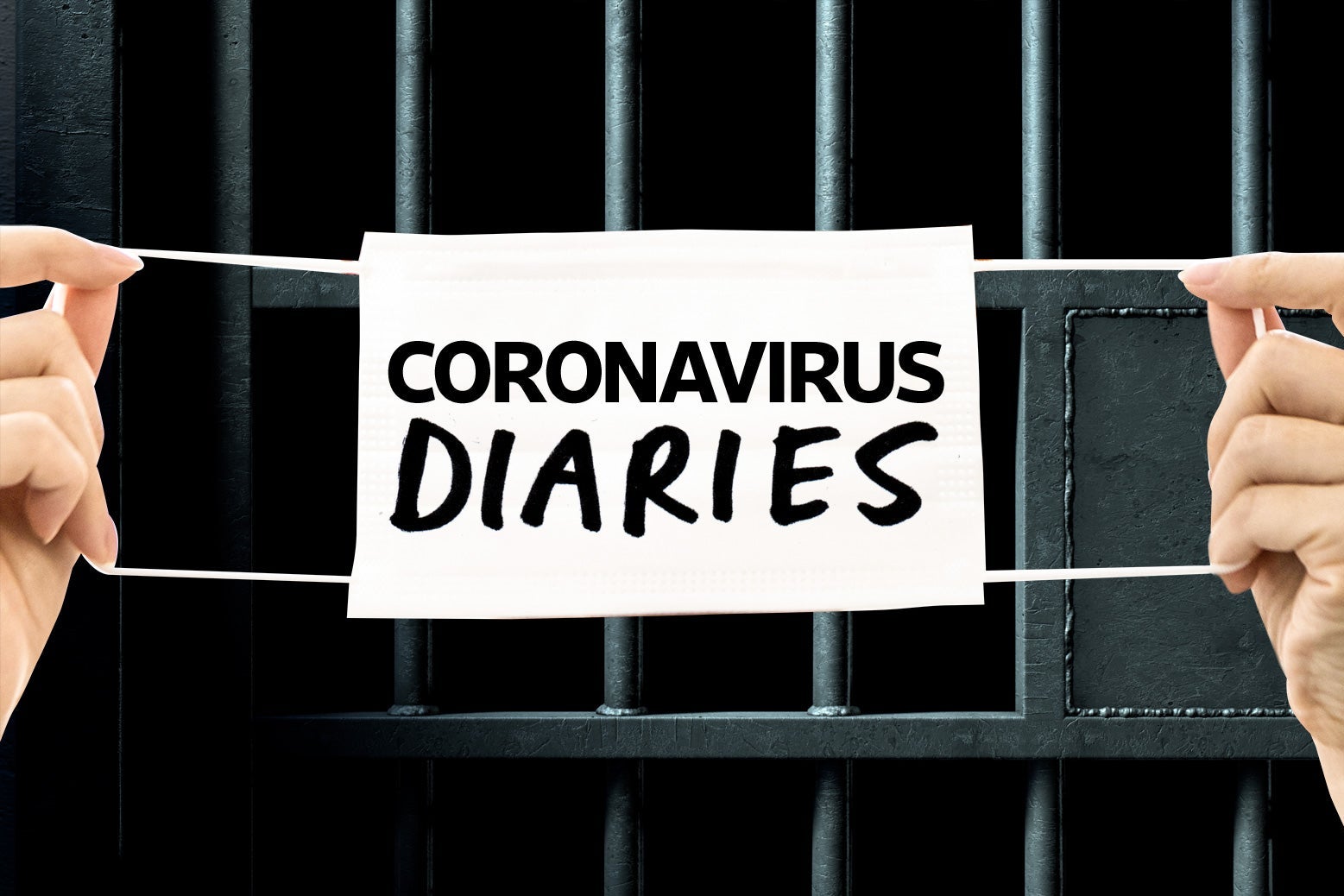 Coronavirus diaries written on a medical mask with a backdrop of prison cell bars