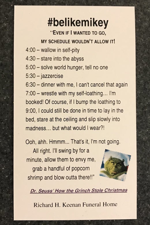 The prayer card from Mikey’s family’s memorial.