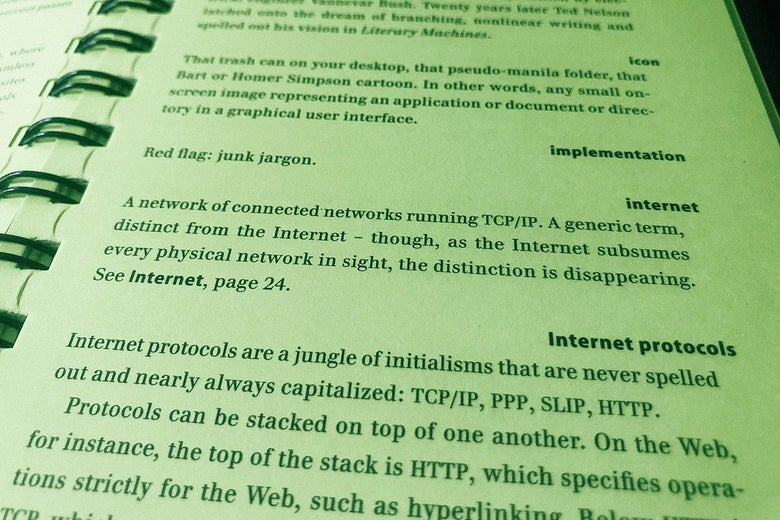 A page in the Wired Style book defining terms including icon, implementation, internet, and internet protocols