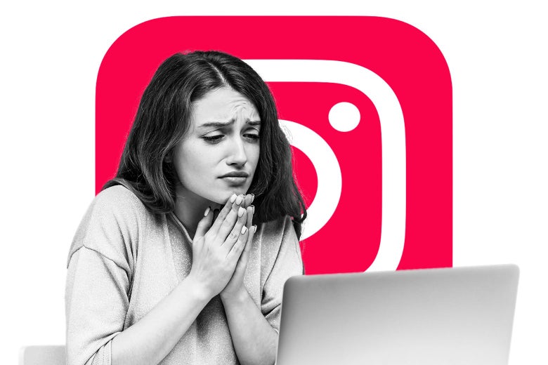 Woman grimacing and making prayer hands as she looks at her laptop with the Instagram logo behind her