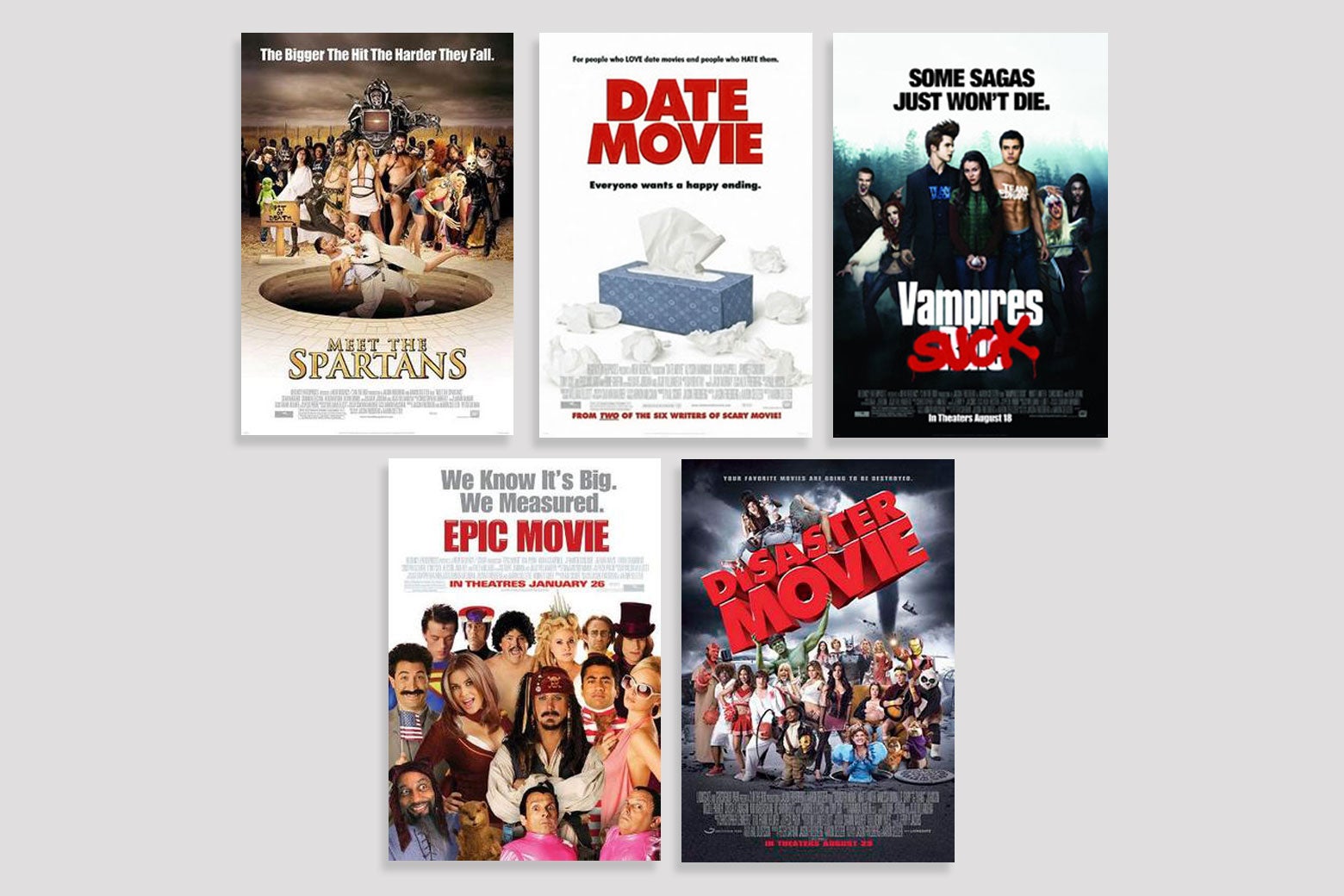 Un collage di poster dei film Meet the Spartans, Date Movie, Vampires Suck, Epic Movie e Disaster Movie.