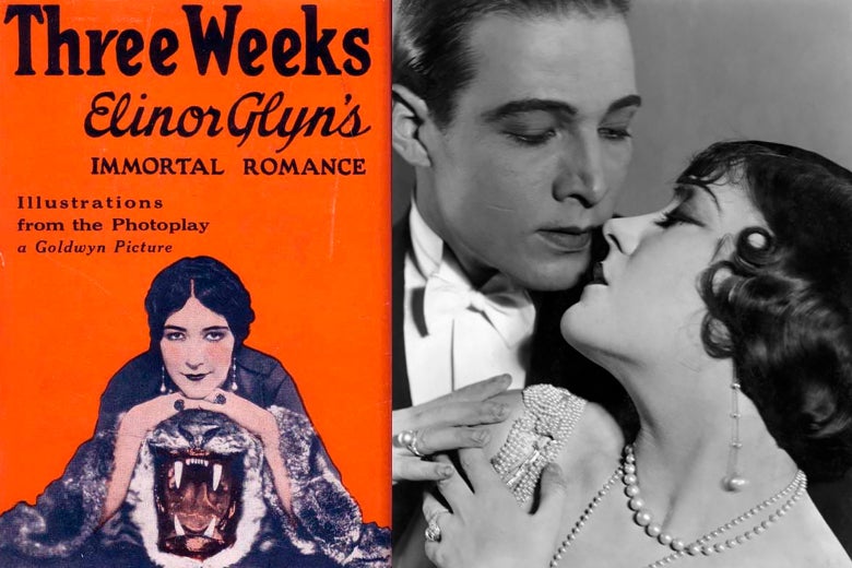 A book cover on the right, with Elinor Glyn on a tiger skin, and Rudolph Valentino and Gloria Swanson on the left. 