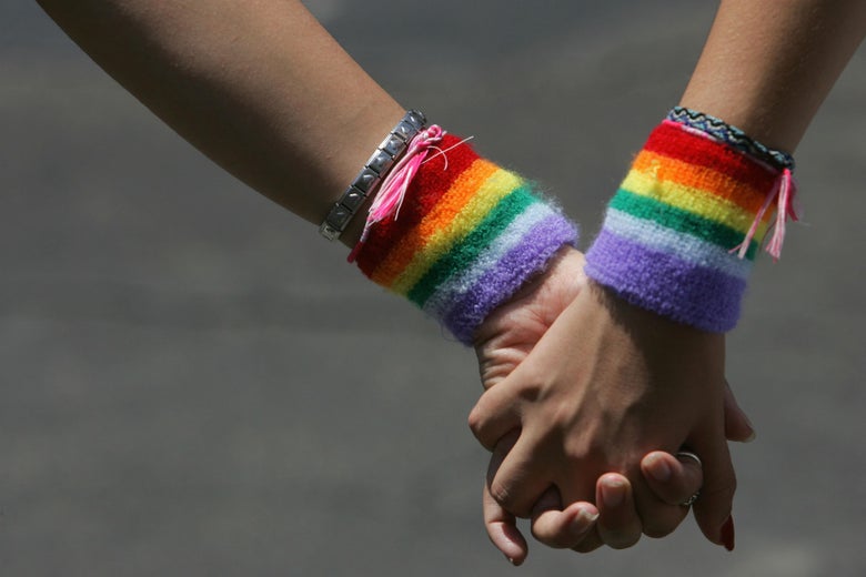 A lesbian couple holds hands during a pride parade