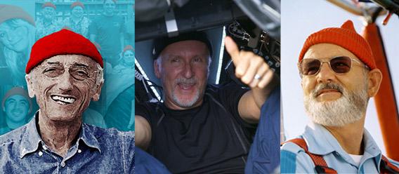 Jacques Cousteau, James Cameron and Steve Zissou wearing skullcaps.