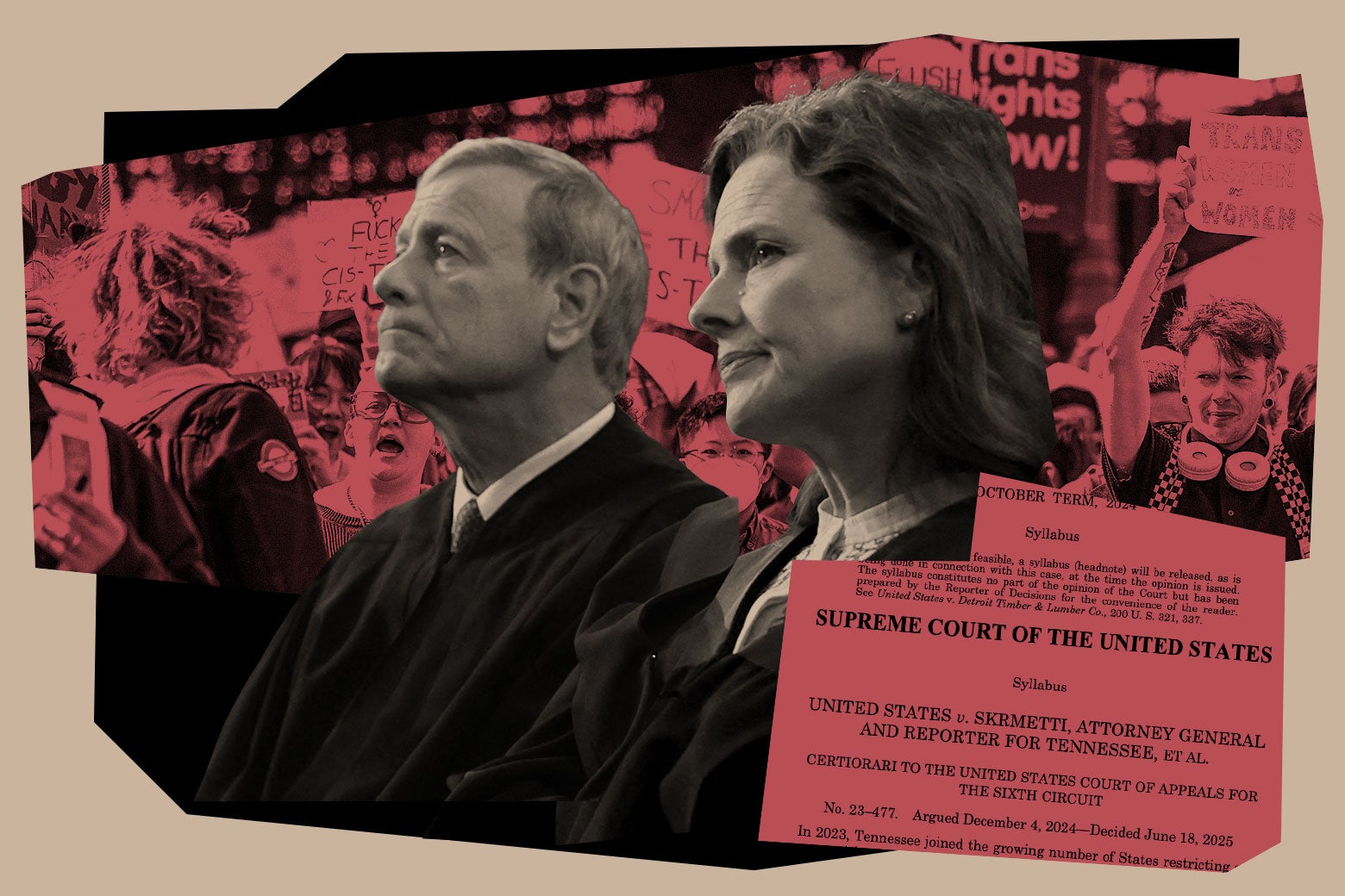Collage featuring John Roberts and Amy Coney Barrett.