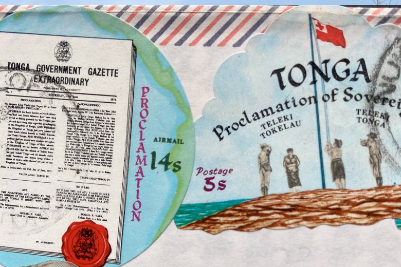 A stamp of the proclamation annexing the Minerva Reefs and a stamp of four people raising the Tongan flag there, affixed to a mailpiece