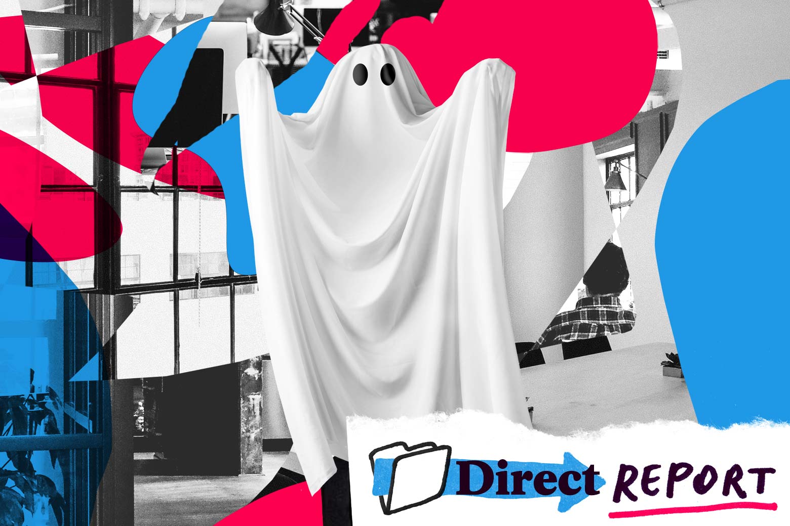 A person in a sheet, dressed as a ghost, standing in an office.