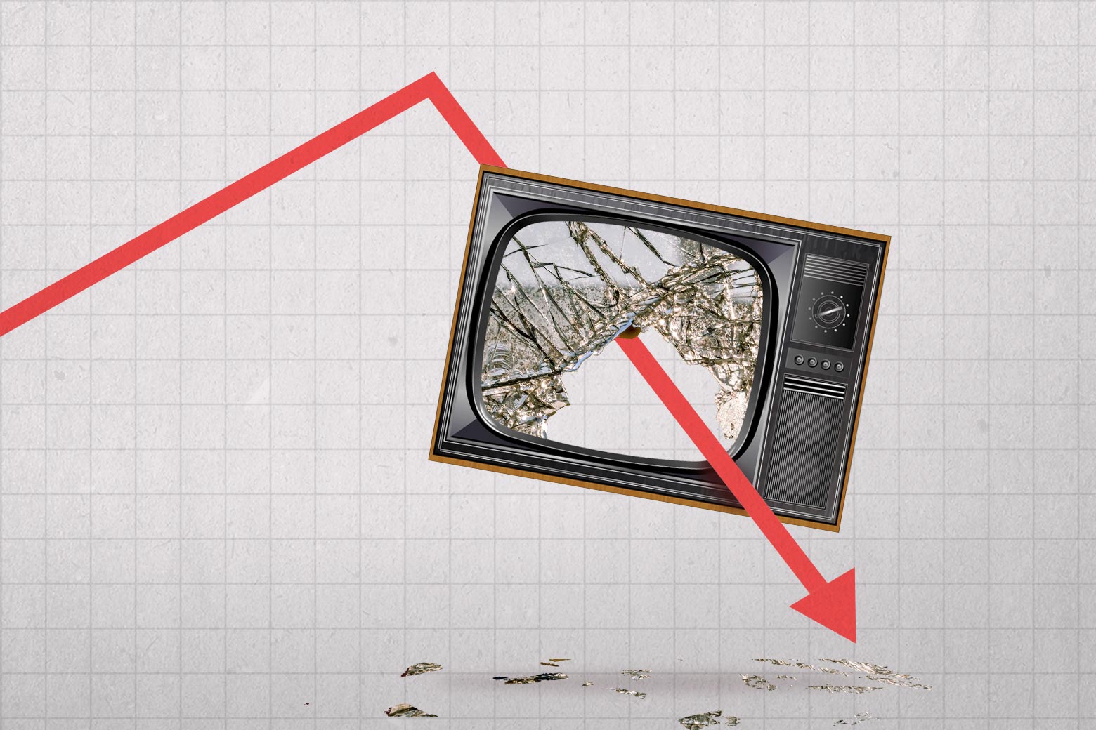 On a line graph, a red arrow reaches its peak then plummets downward, crashing through a TV screen in the process.