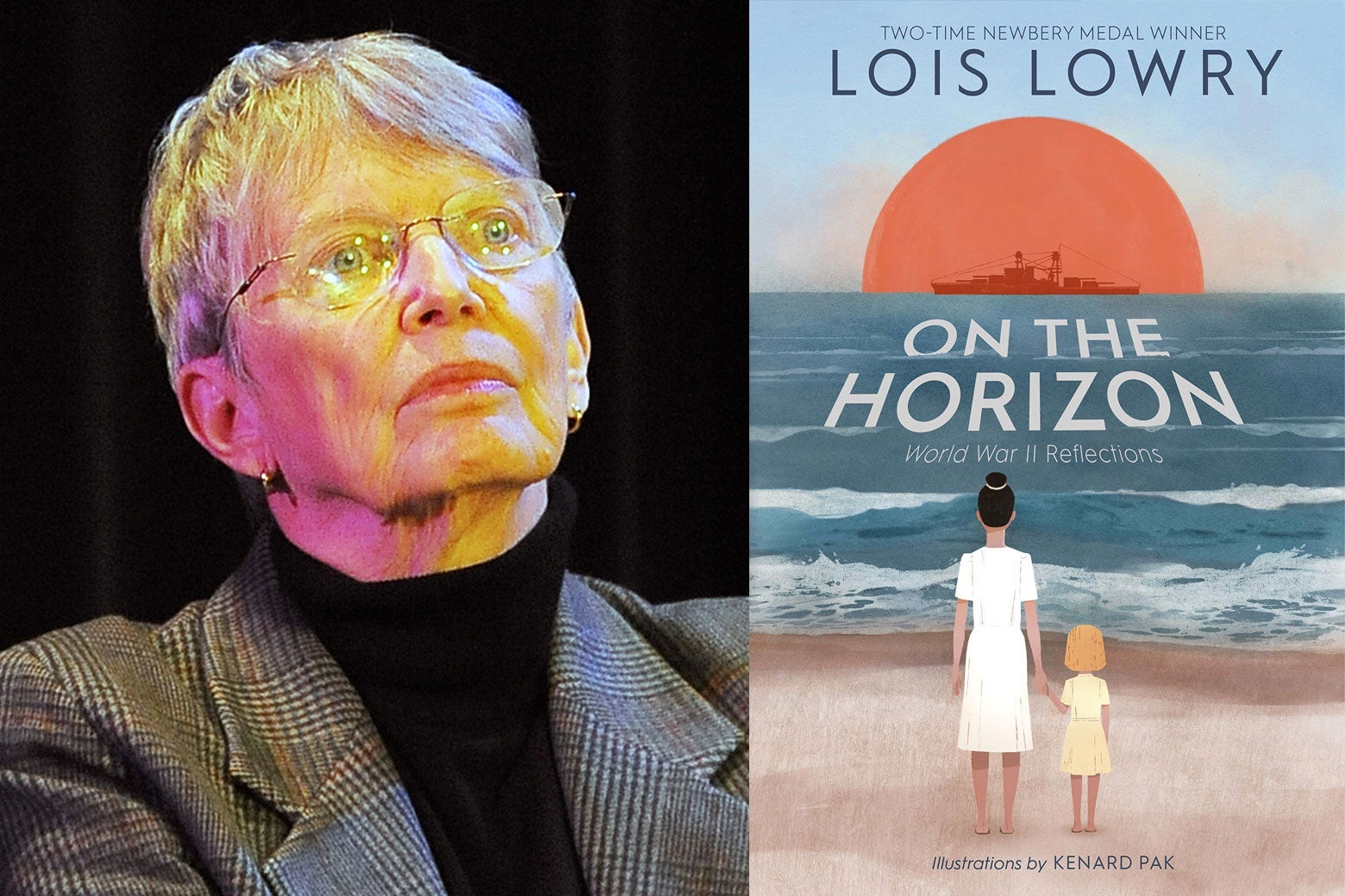 Lois Lowry and the cover of On the Horizon.