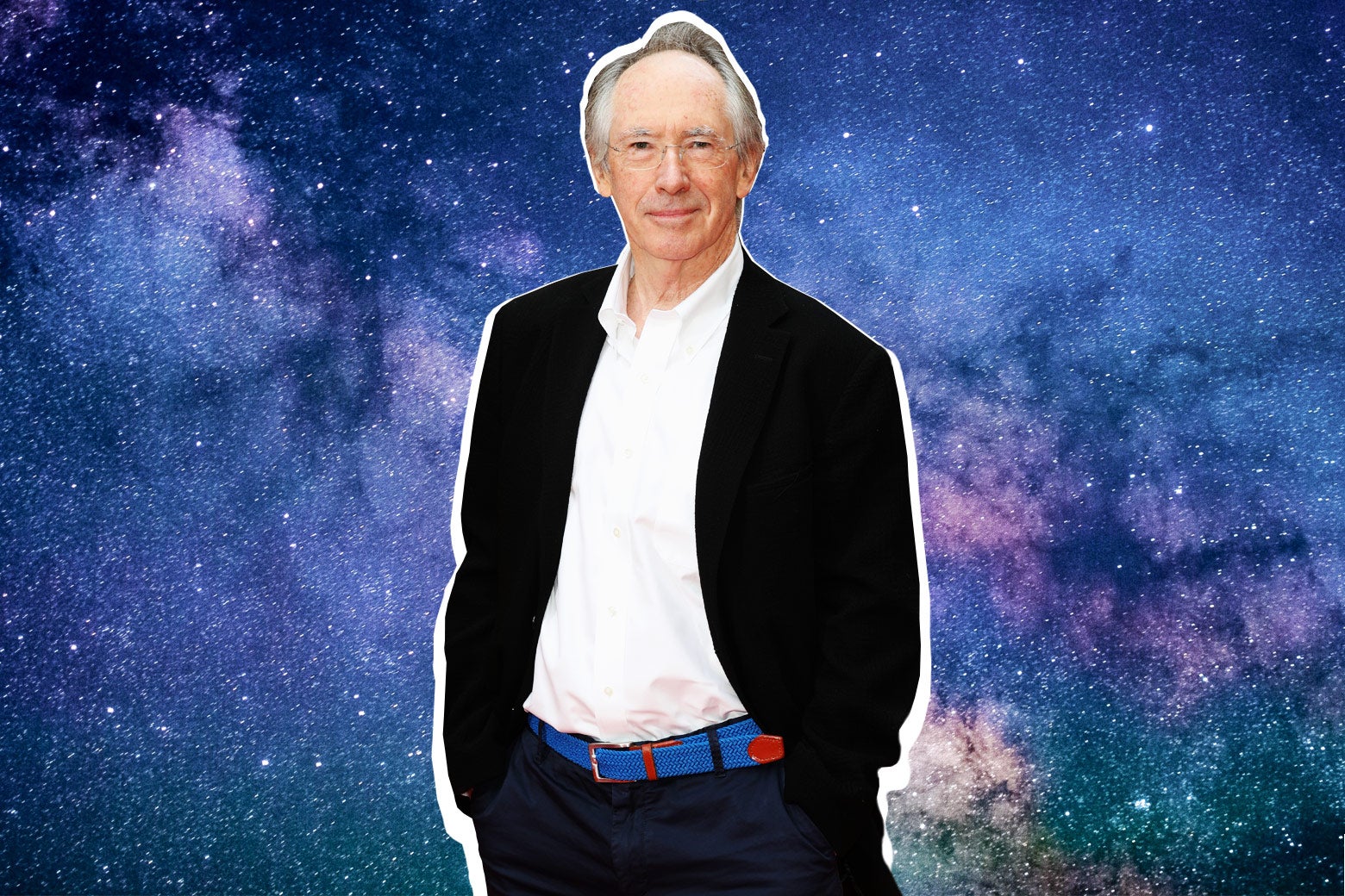 Ian McEwan in front of a starry view of space.