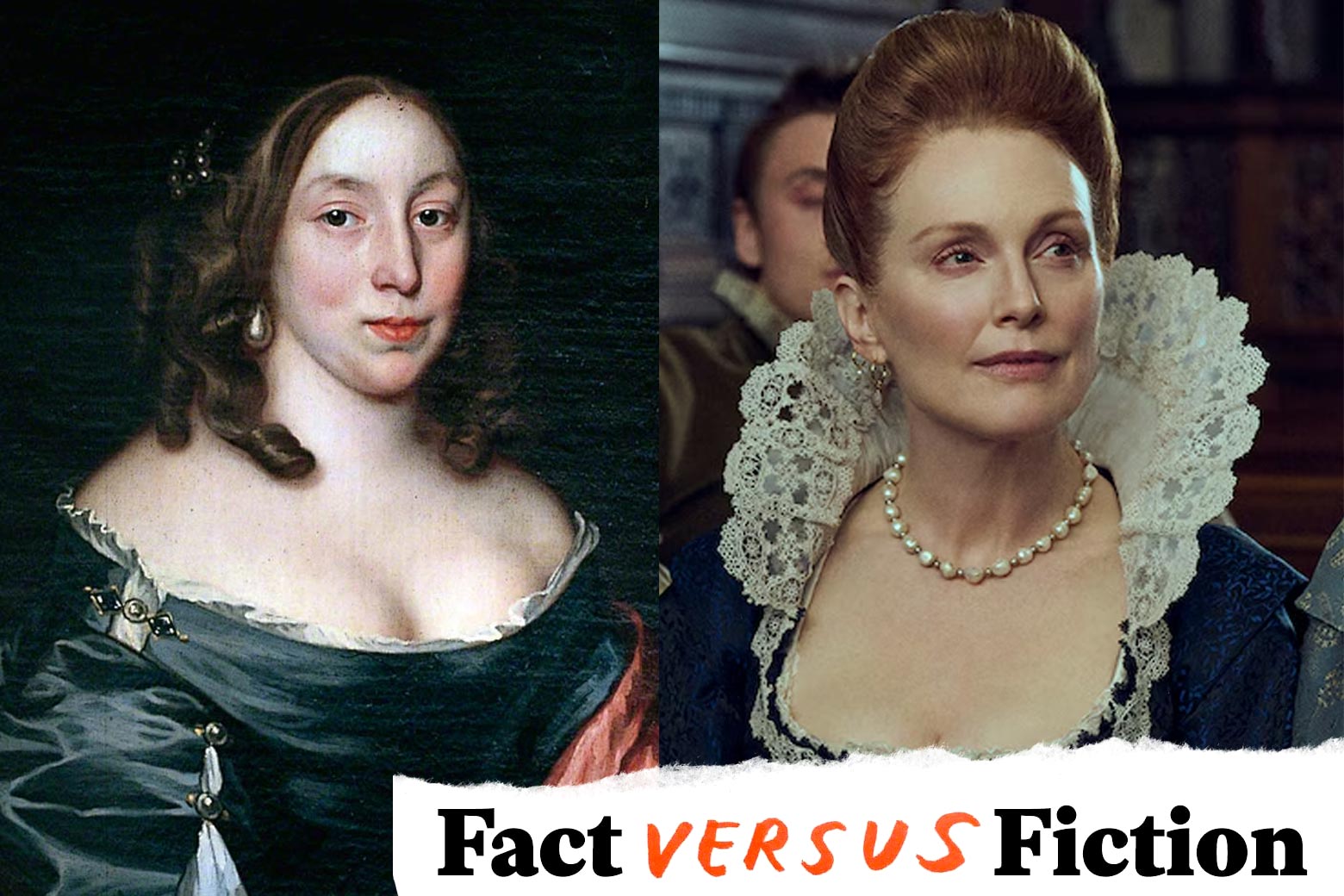 A painting of Mary Villiers is paired with a photo of Julianne Moore playing her in the show Mary and George. 