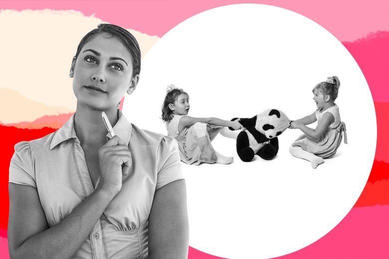 A woman looks thoughtfully with her finger on her chin while two kids in the background play tug of war with a stuffed panda.