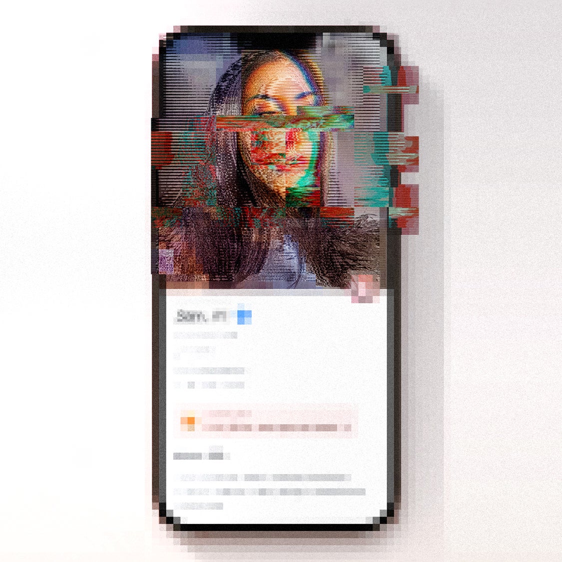 A glitchy cellphone opened to a dating profile.