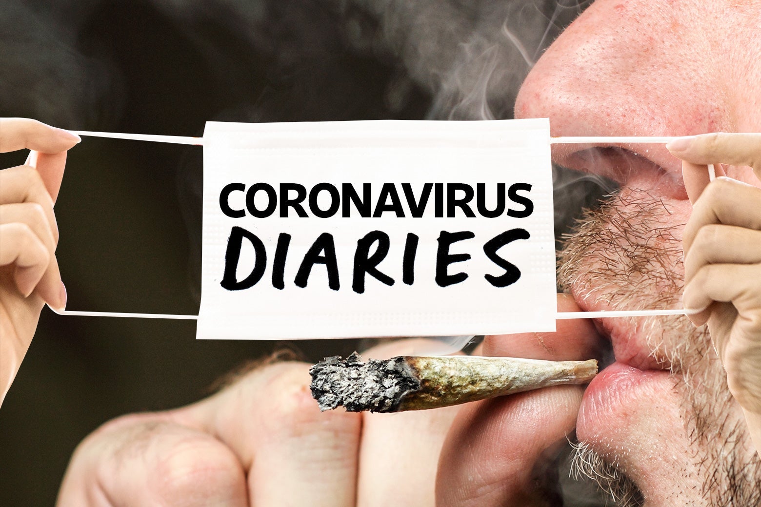 A close-up of the bottom half of a man's face smoking a joint. The "Coronavirus Diaries" logo on a mask is overlayed.