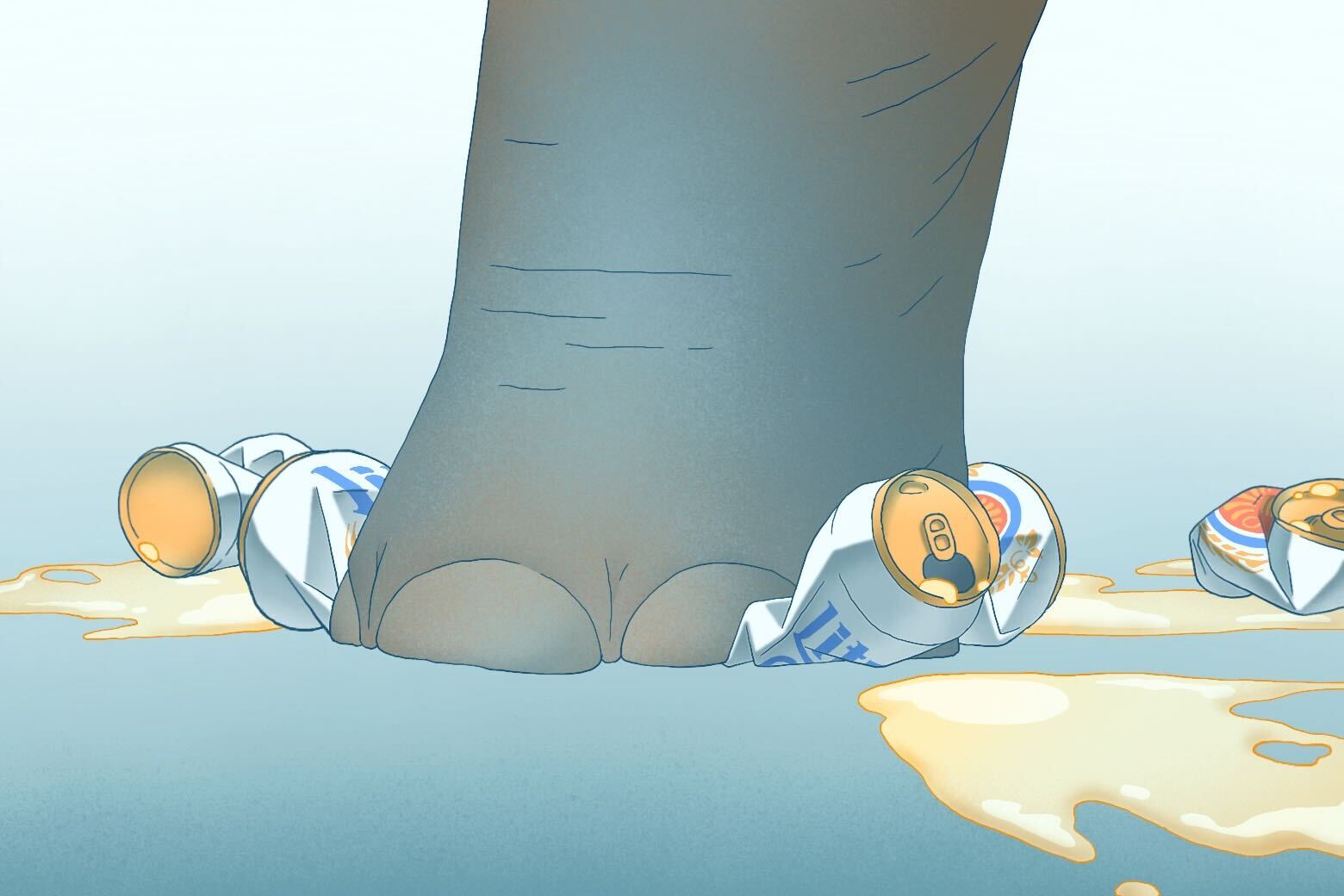 An elephant steps on beer.