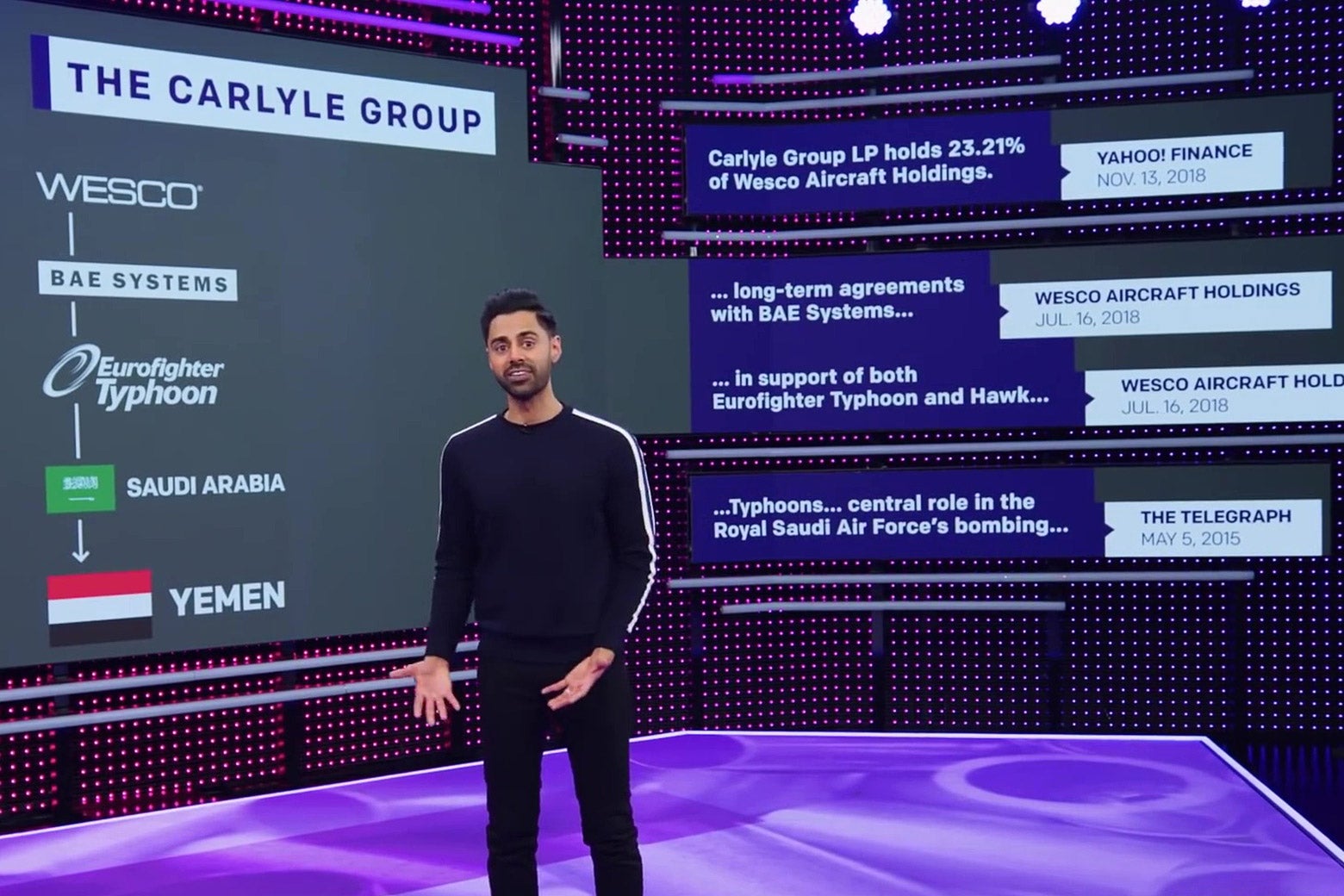 Hasan Minhaj, standing in front of a chart showing financial connections between the Carlyle Group and the RSAF.