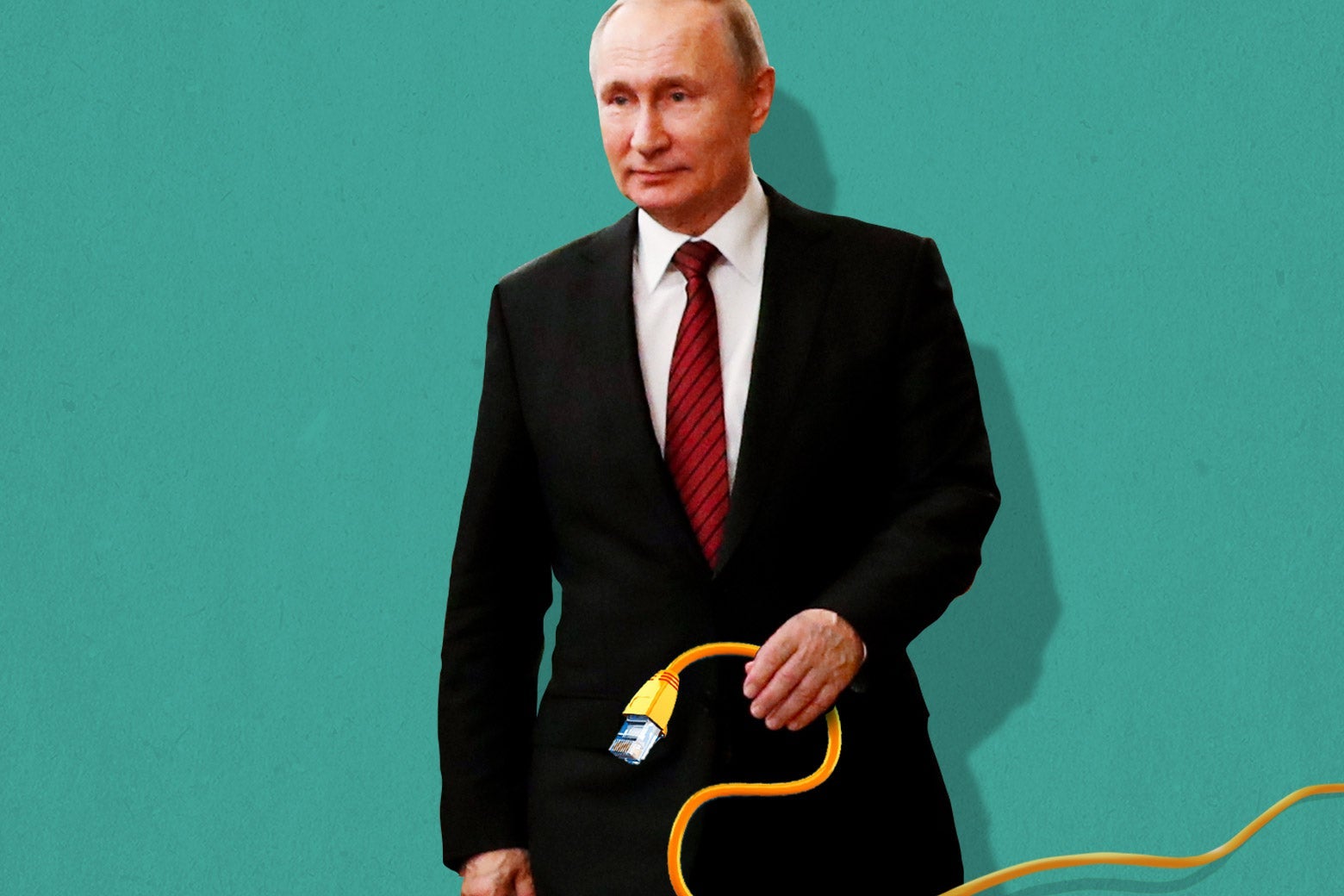 Vladimir Putin holds an Ethernet cable.