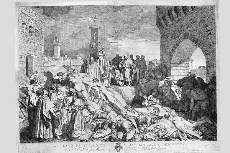 The plague of Florence, 1348; an episode in the Decameron by Boccaccio. Etching by L. Sabatelli the elder, after G. Boccaccio.