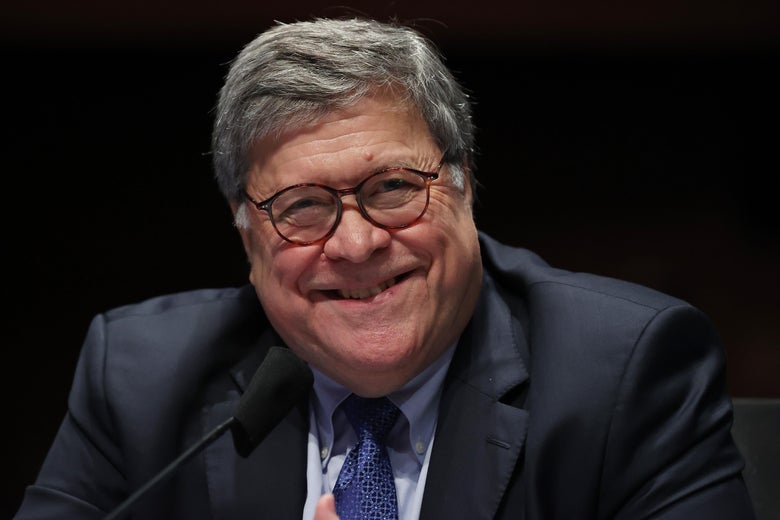 Attorney General William Barr grins widely testifies before the House Judiciary Committee hearing in the Congressional Auditorium at the US Capitol Visitors Center July 28, 2020 in Washington, D.C.