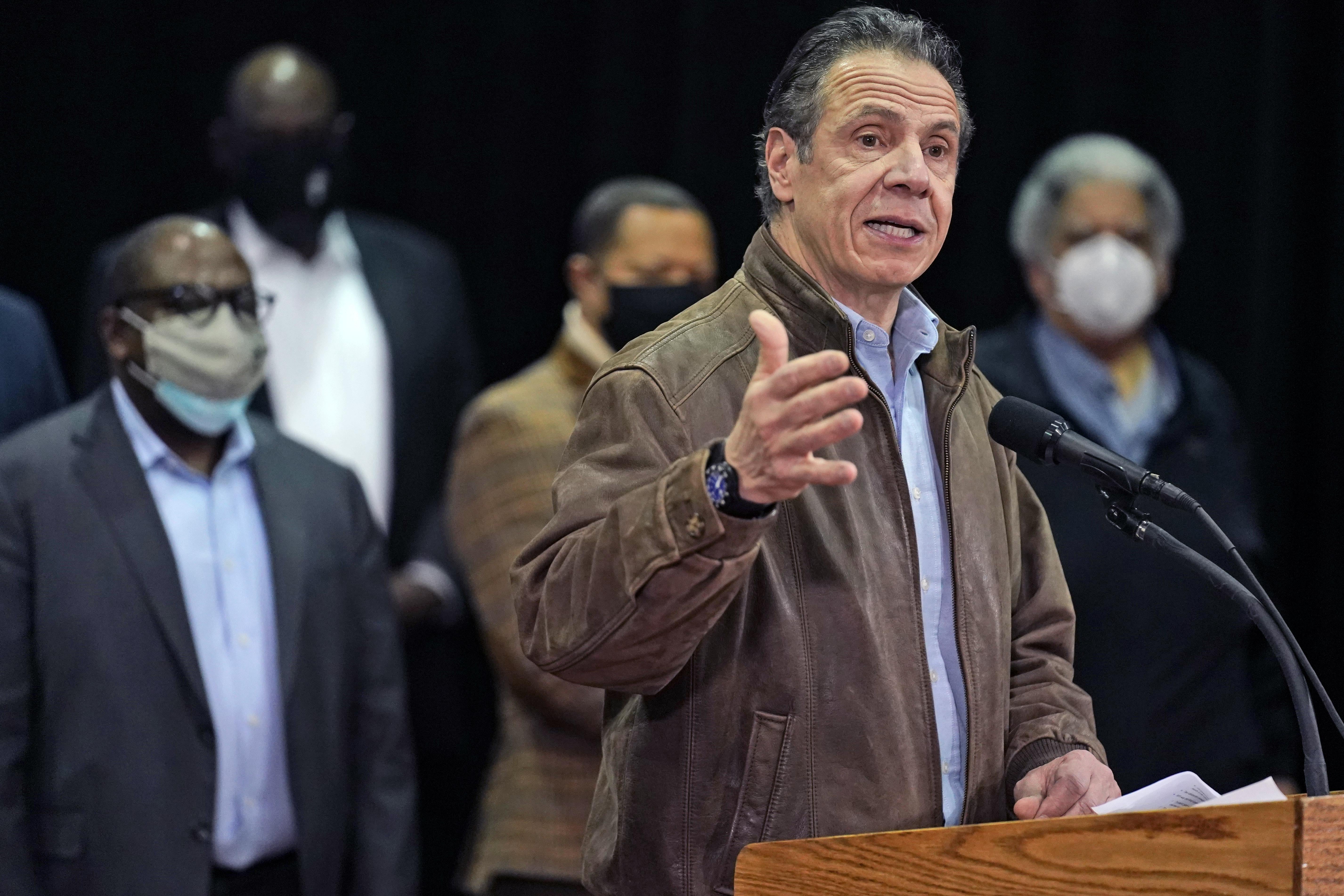 New York Governor Andrew Cuomo speaks during a news conference before the opening of a mass COVID-19 vaccination site in the Queens borough of New York, on February 24, 2021. 
