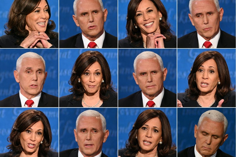 A combination of pictures of Kamala Harris and Mike Pence during the vice presidential debate