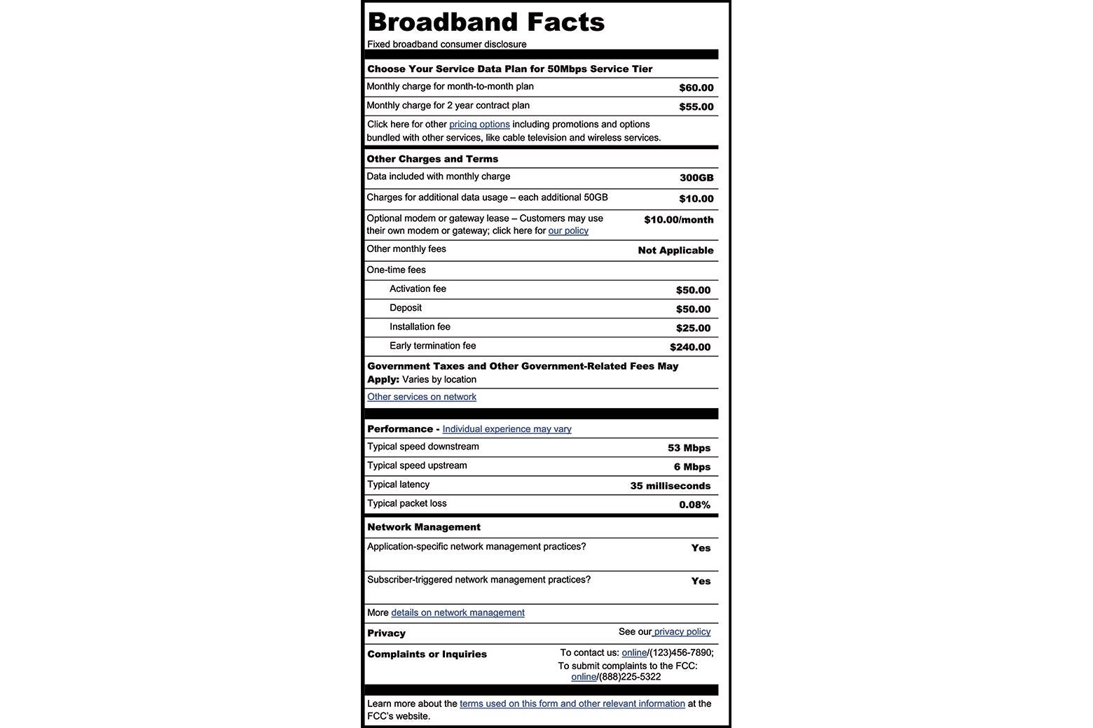 A proposed facts label to be put on broadband modems.