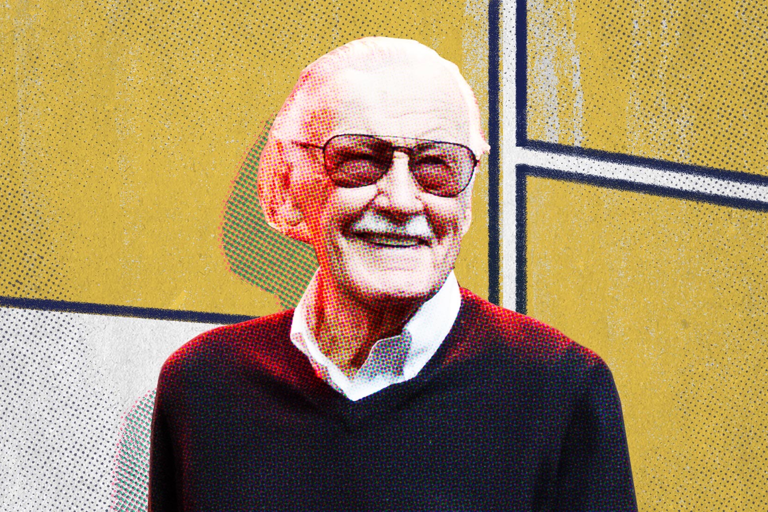 Stan Lee in his trademark glasses smiling, with comic-book panels illustrated behind him
