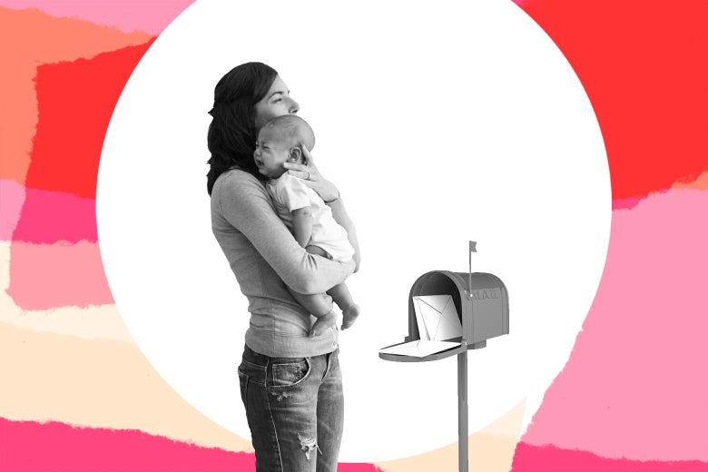 A woman holds a crying baby as they stand next to a mailbox with a letter in it.
