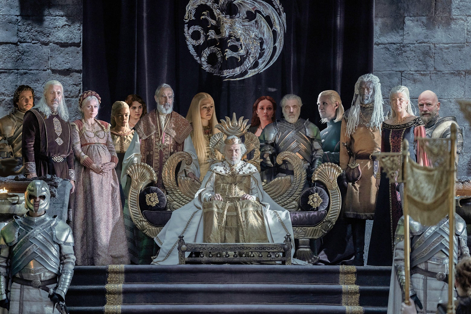 A still shows a royal court with a dragon seal, Jaehaerys on the throne and, photoshopped around him, just about every single person in the first episode of House of the Dragon