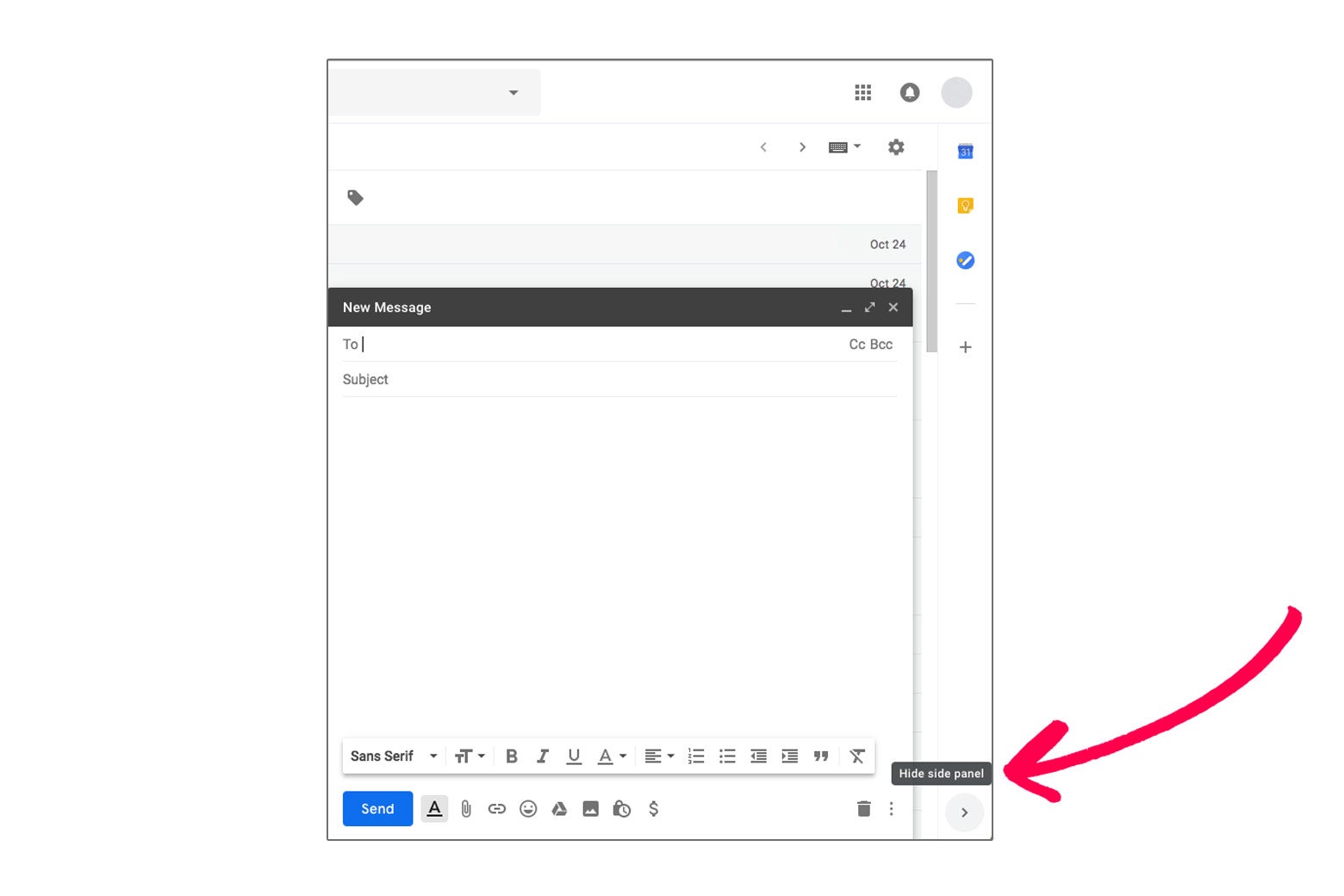 A screenshot shows how to minimize the side panel on Gmail.