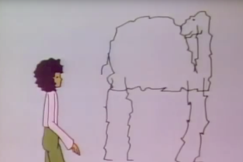 A cartoon woman stands beside a cracked-outline camel.