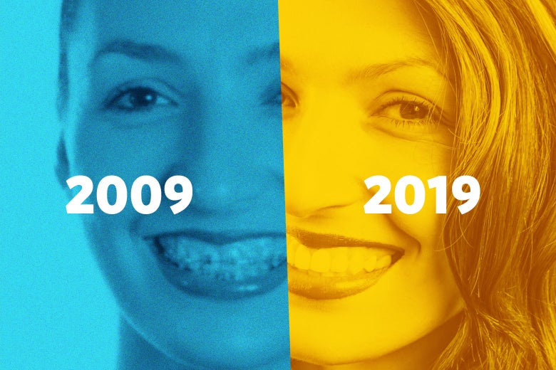 Photoshopped woman side by side before and after.
