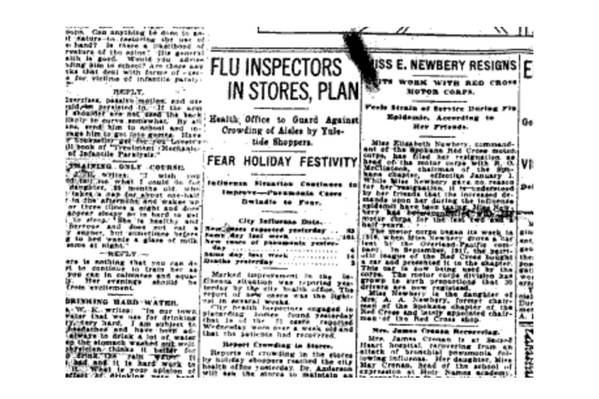 A headline reads, "FLU INSPECTORS IN STORE, PLAN" on an old newspaper clipping.