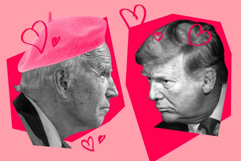 The two presidential candidates look at each other, with little hearts drawn all around them. Also, Biden is wearing a beret.