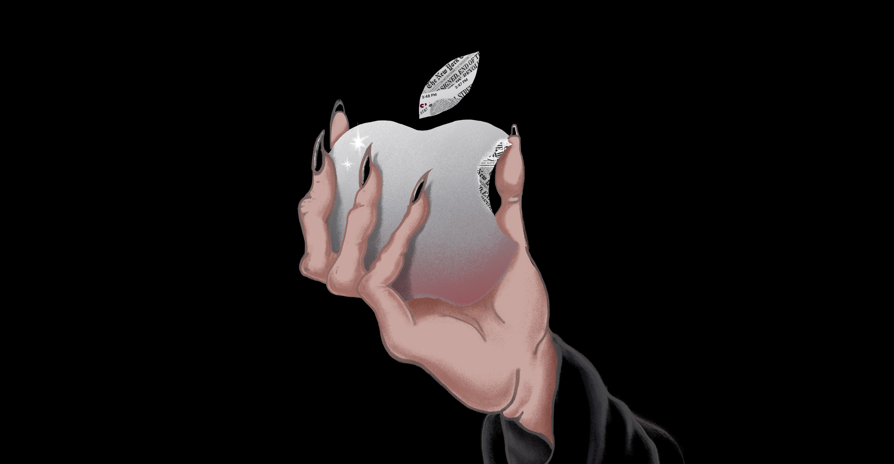 Apple News Is Giving The Media Everything It Wants Except Money - a hand with painted pointy black nails holds an apple with a bite taken out of