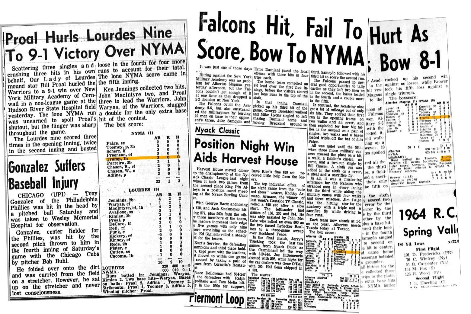 Newspaper box score clippings from when Trump played baseball at NYMA.