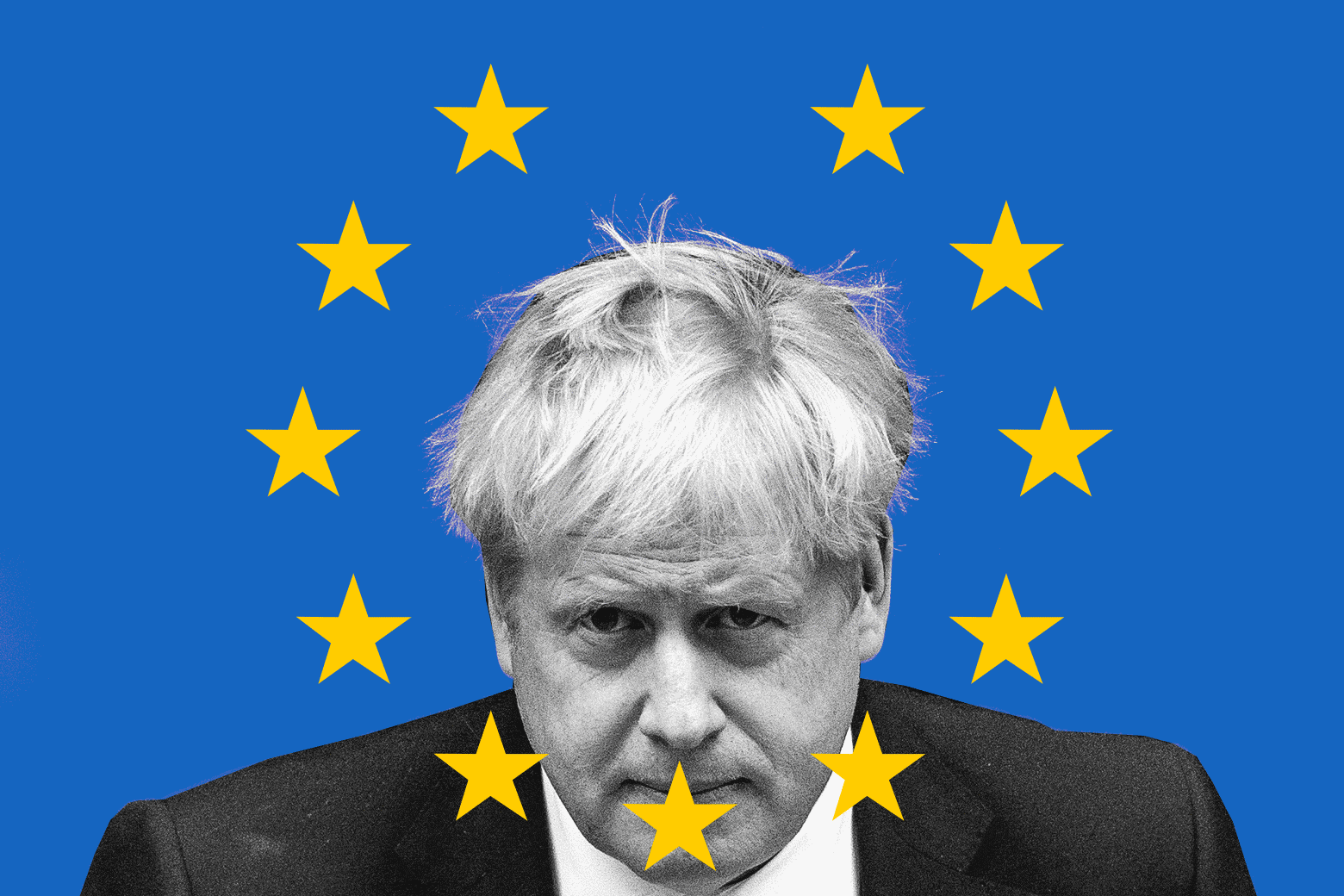 Boris Johnson with a blinking EU symbol encircling his head.