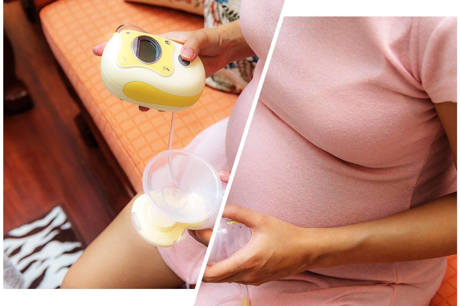 A woman holding a breast pump.